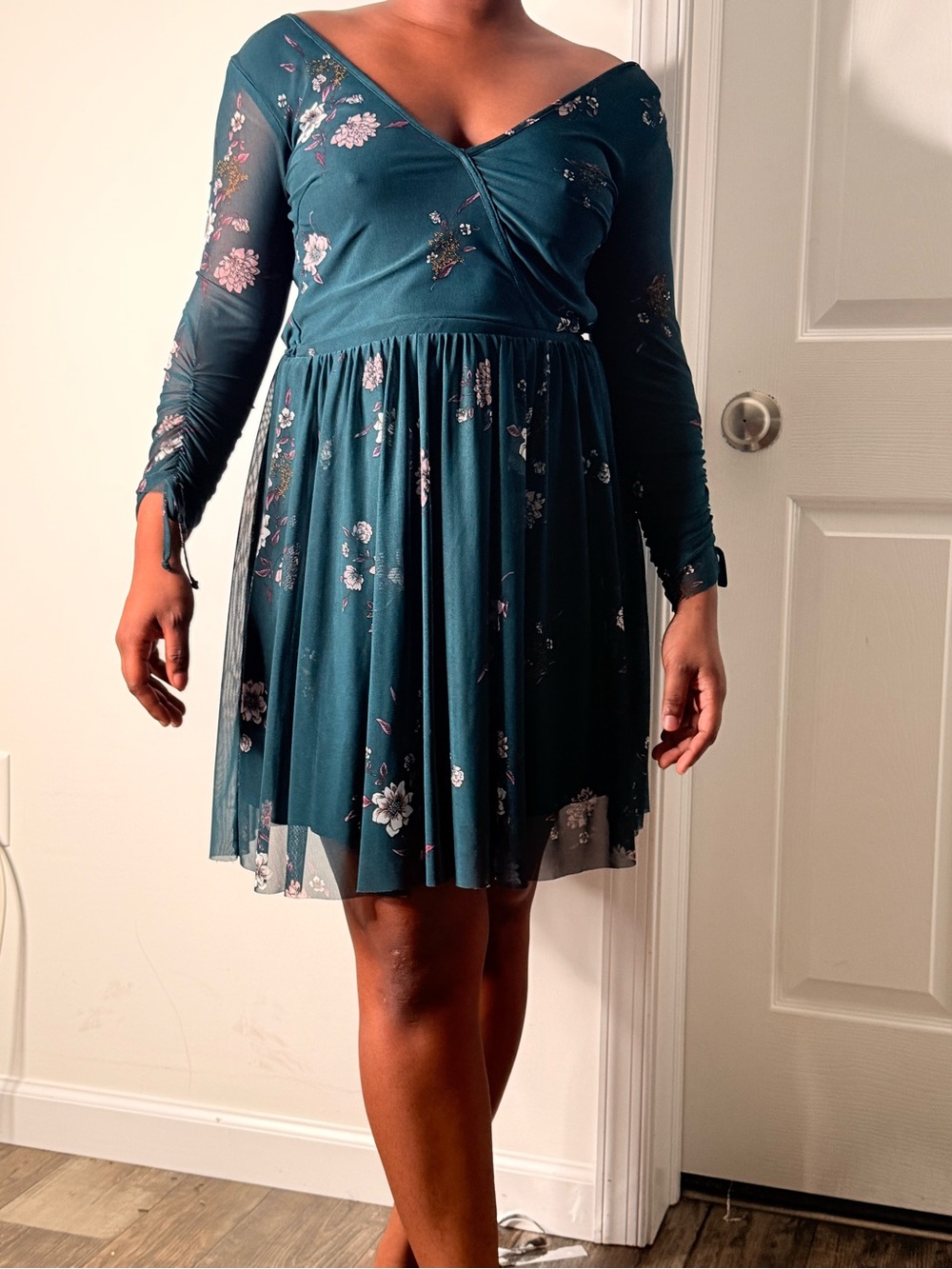 Unknown Brand Teal Floral Mesh Long Sleeve Fit & Flare Dress